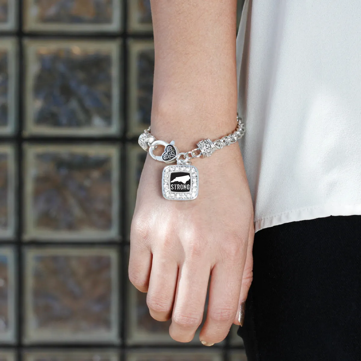 Silver North Carolina Strong Square Charm Braided Bracelet