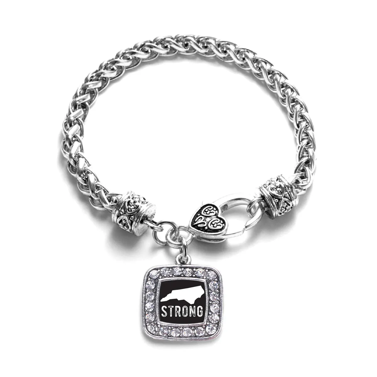 Silver North Carolina Strong Square Charm Braided Bracelet