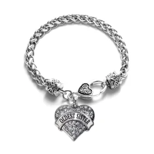 Silver Oldest Sister Pave Heart Charm Braided Bracelet