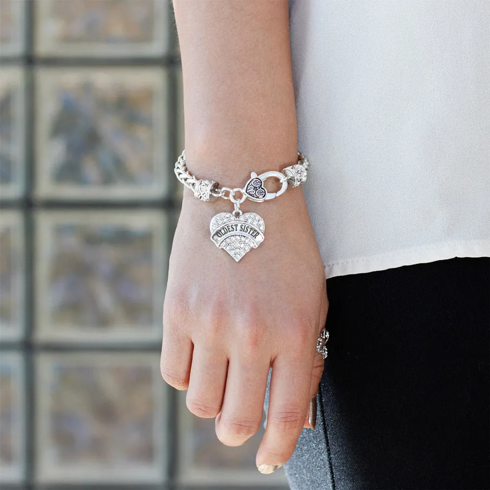 Silver Oldest Sister Pave Heart Charm Braided Bracelet