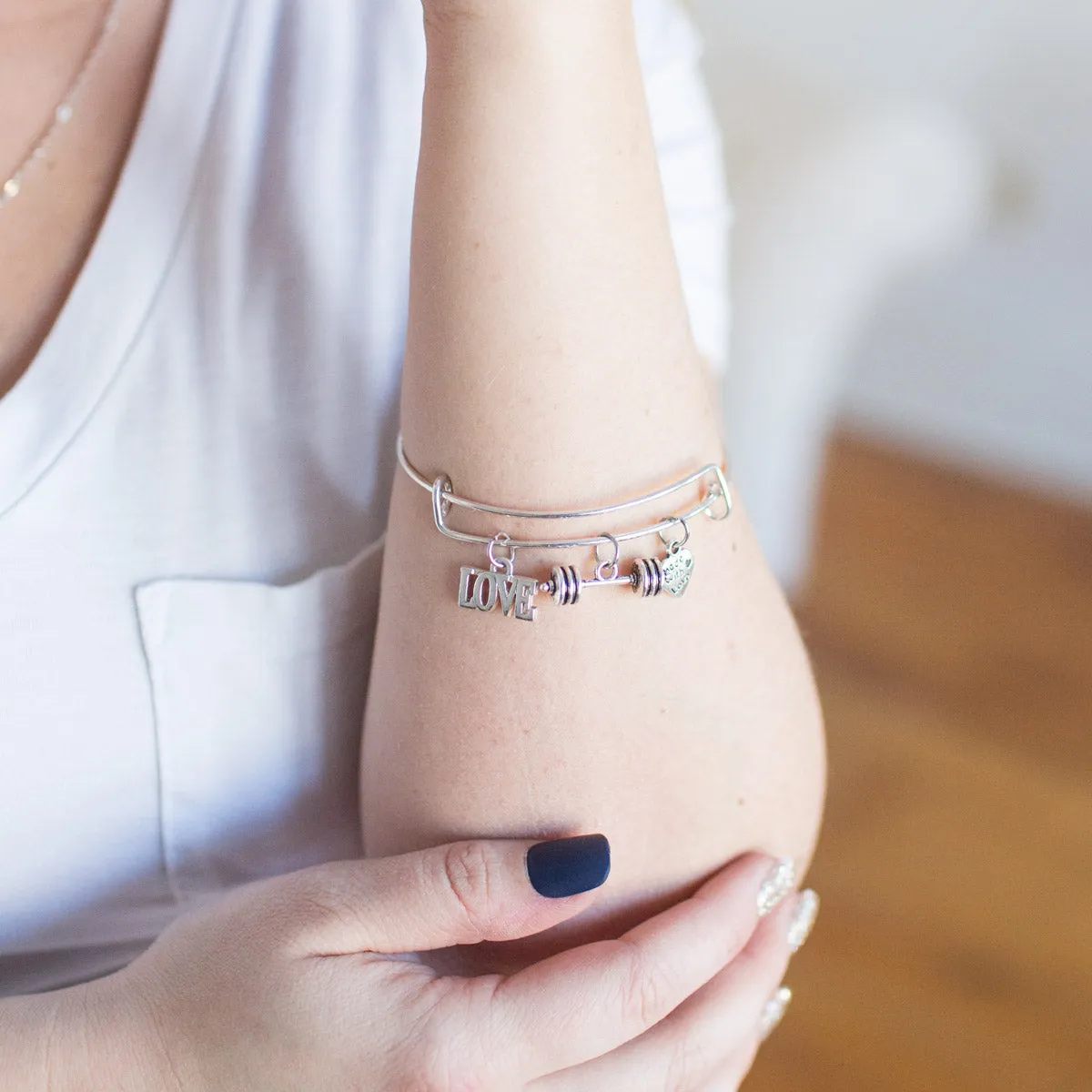 Silver Petite Dumbbell Bar Charm Wire Bangle Bracelet