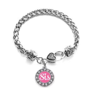 Silver Pink Sis Circle Charm Braided Bracelet