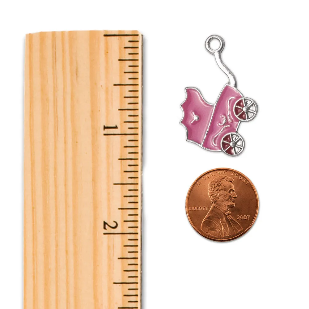 Silver Pink Stroller Charm Wire Bangle Bracelet