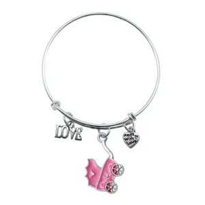 Silver Pink Stroller Charm Wire Bangle Bracelet