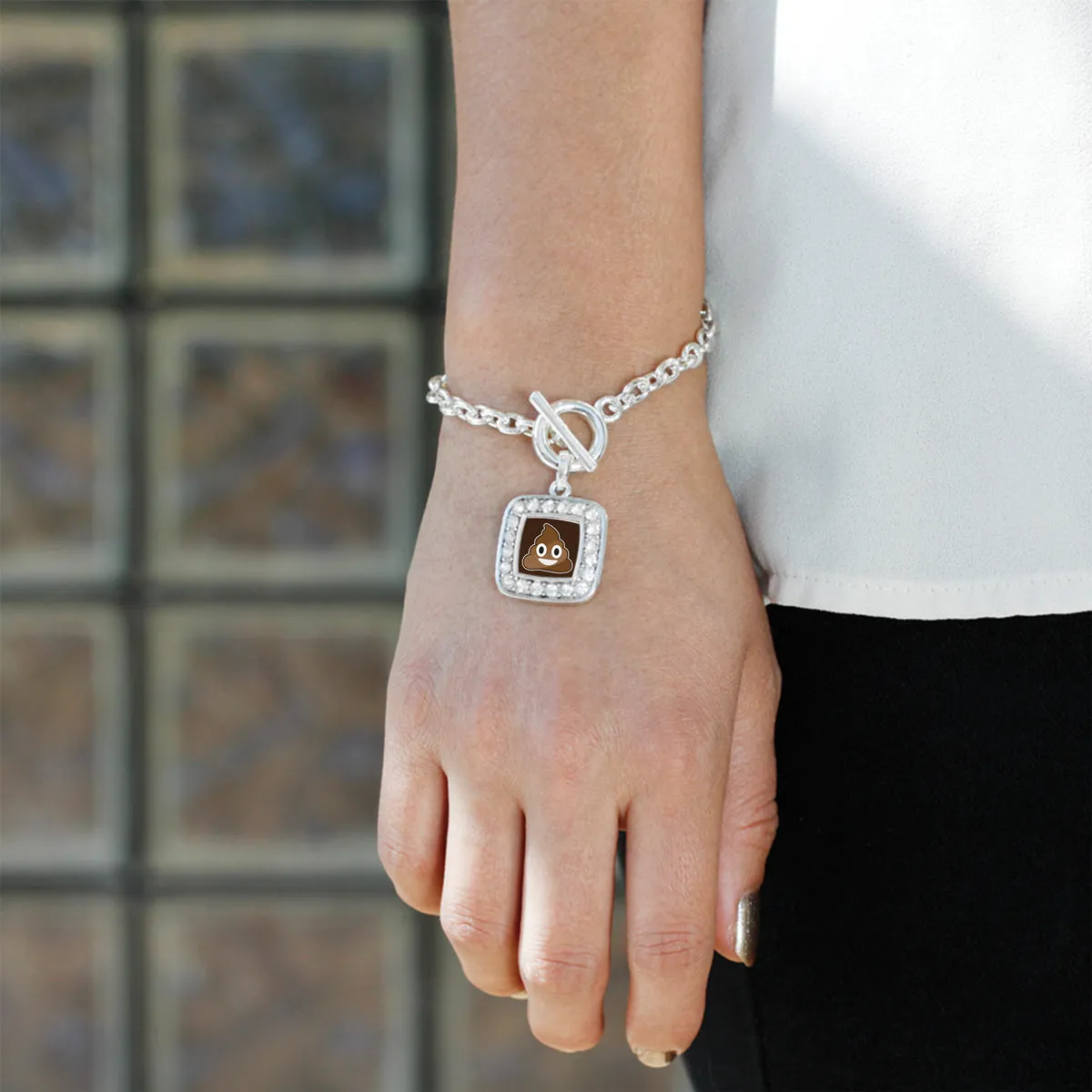 Silver Poop Emoji Square Charm Toggle Bracelet