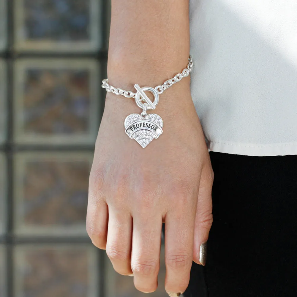 Silver Professor Pave Heart Charm Toggle Bracelet