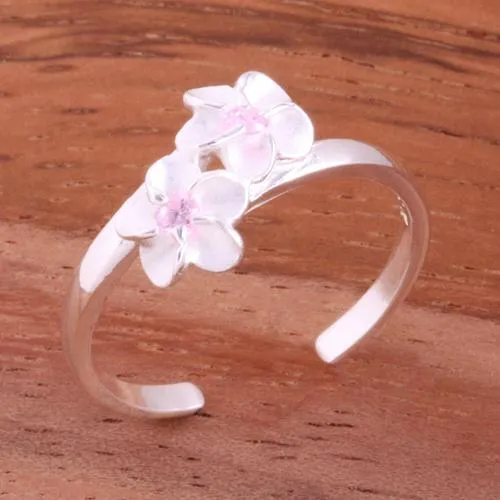 Sterling Silver 2 Plumeria with CZ Toe Ring (Clear CZ/Pink CZ) 2mm