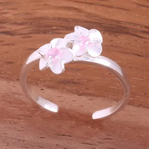 Sterling Silver 2 Plumeria with CZ Toe Ring (Clear CZ/Pink CZ) 2mm