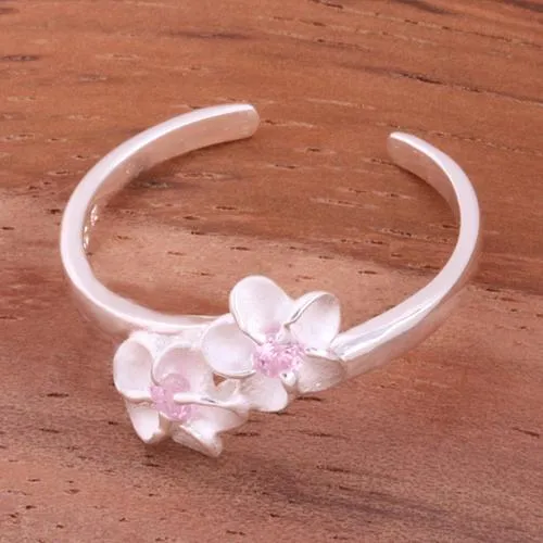 Sterling Silver 2 Plumeria with CZ Toe Ring (Clear CZ/Pink CZ) 2mm