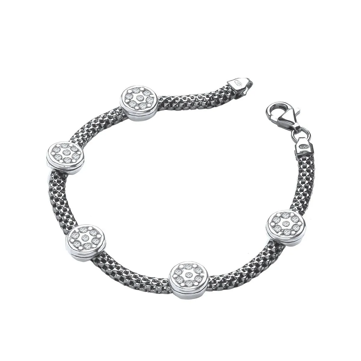 Sterling Silver 5 Circle CZ Mesh Bracelet