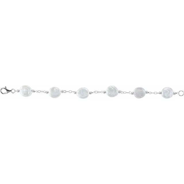 Sterling Silver Freshwater Cultured White Coin Pearl 7.5" Station Bracelet
