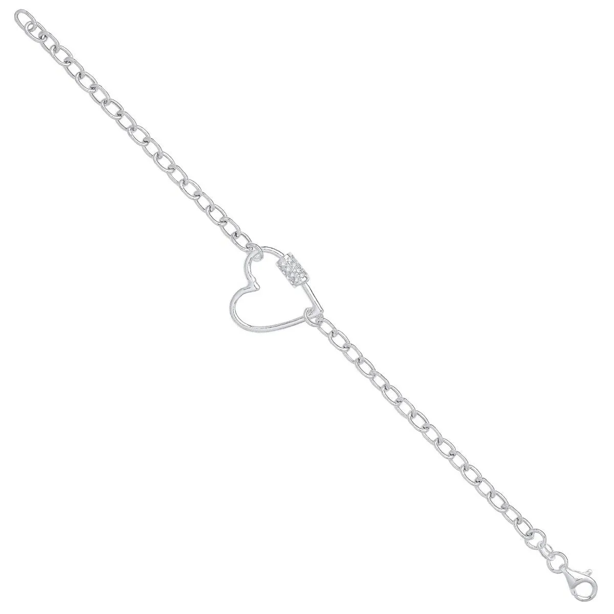 Sterling Silver Oval Link Chain with Heart CZ Charm Bracelet