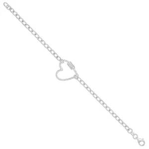 Sterling Silver Oval Link Chain with Heart CZ Charm Bracelet