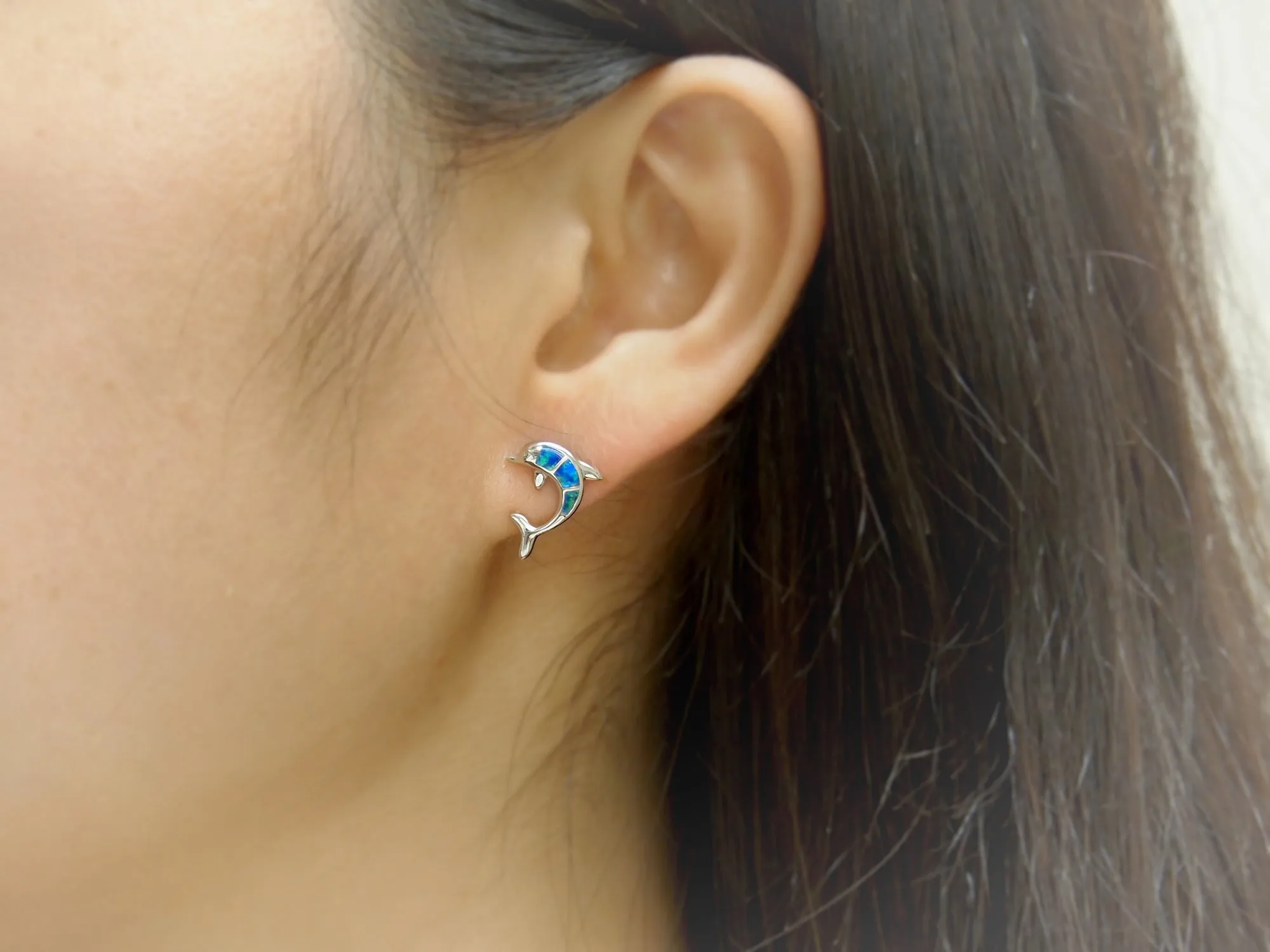 Sterling Silver Synthetic Blue Opal Dolphin Stud Earrings