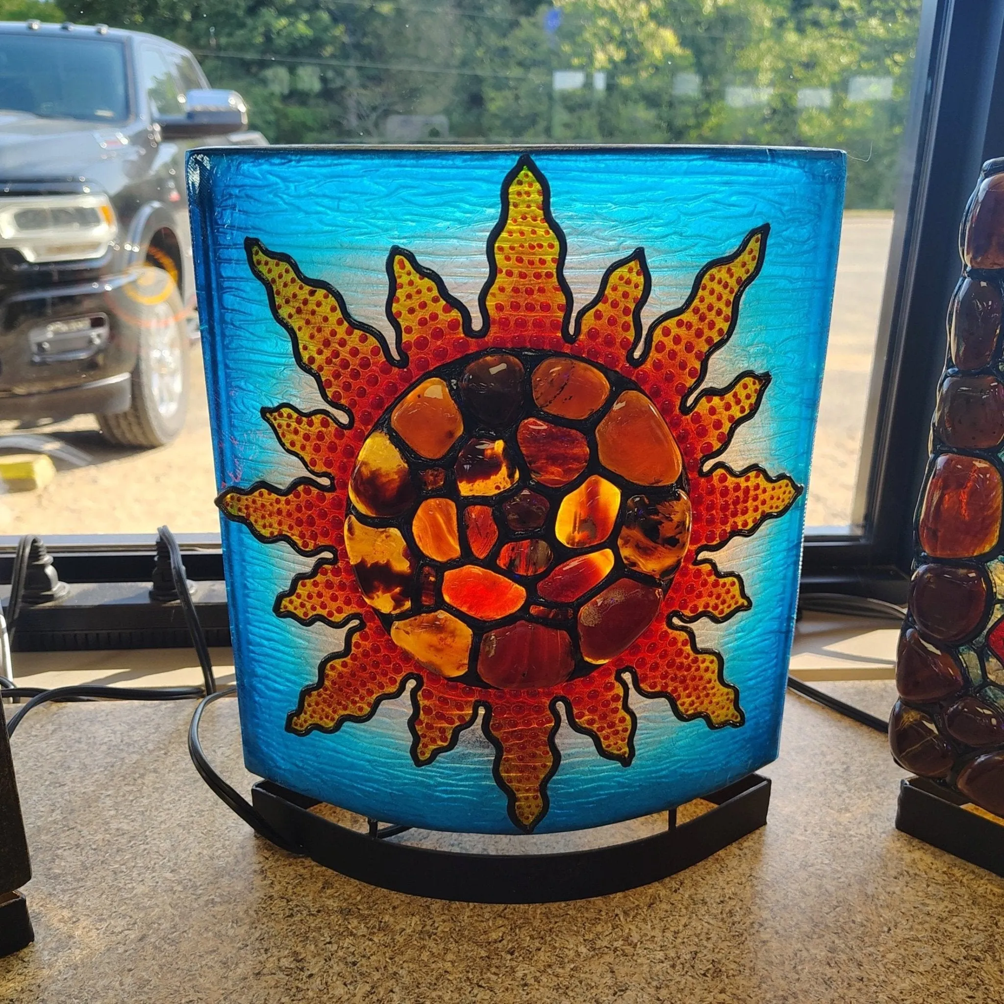 Sumatra Amber Sunflower And Blue Resin Table Lamp