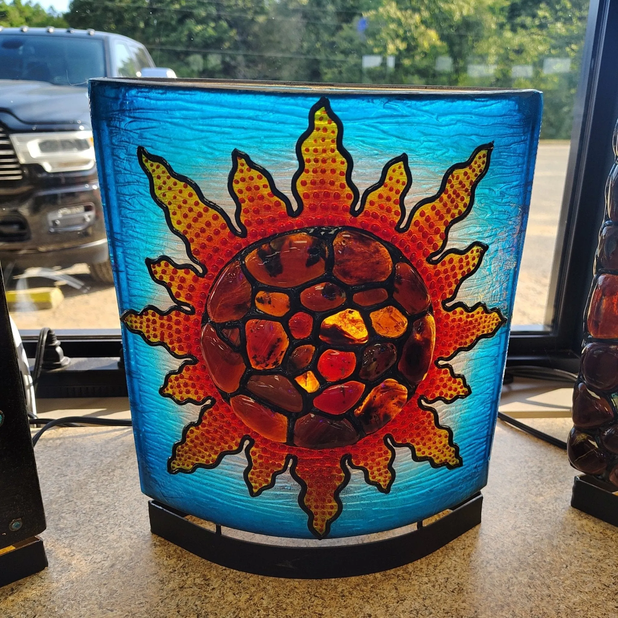 Sumatra Amber Sunflower And Blue Resin Table Lamp