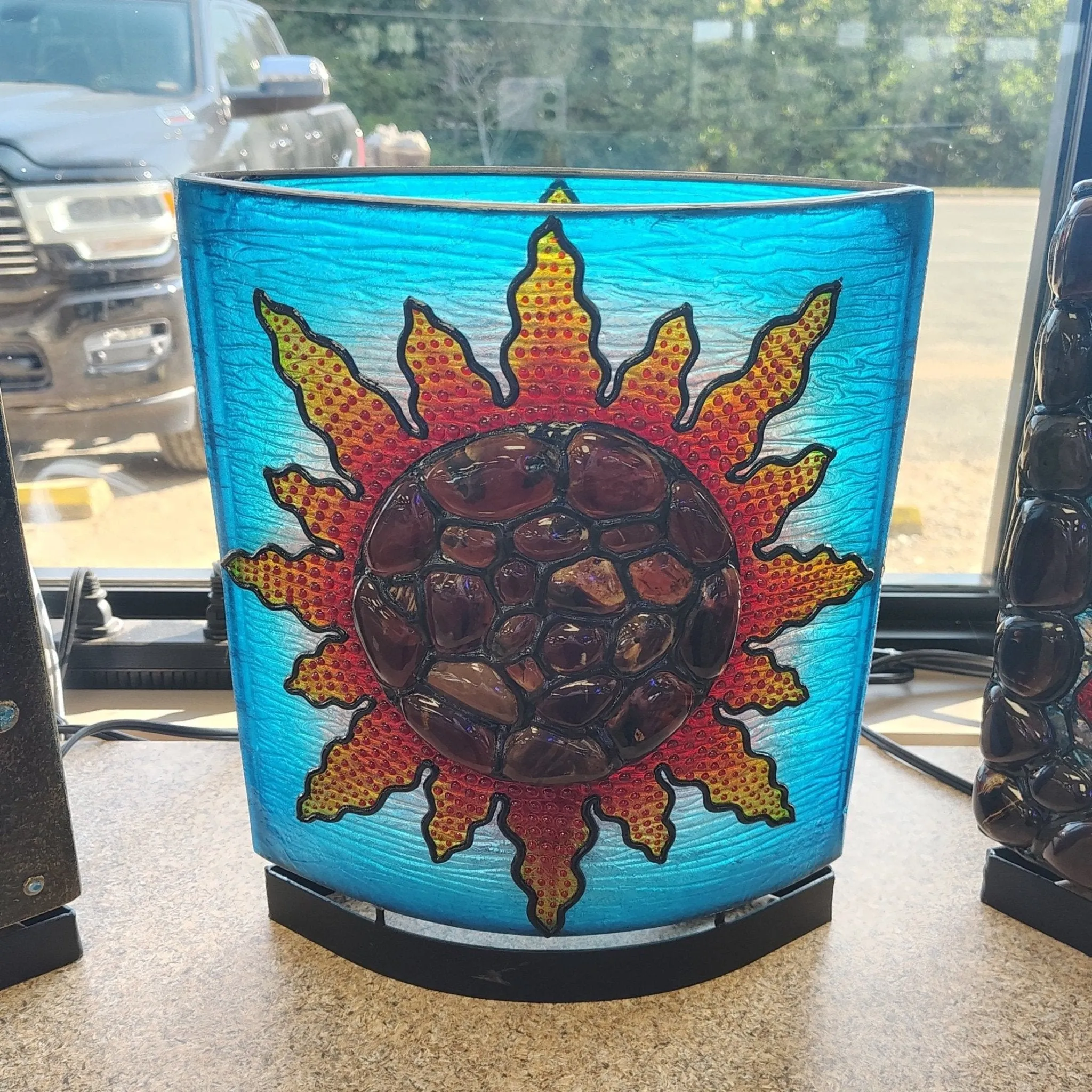 Sumatra Amber Sunflower And Blue Resin Table Lamp