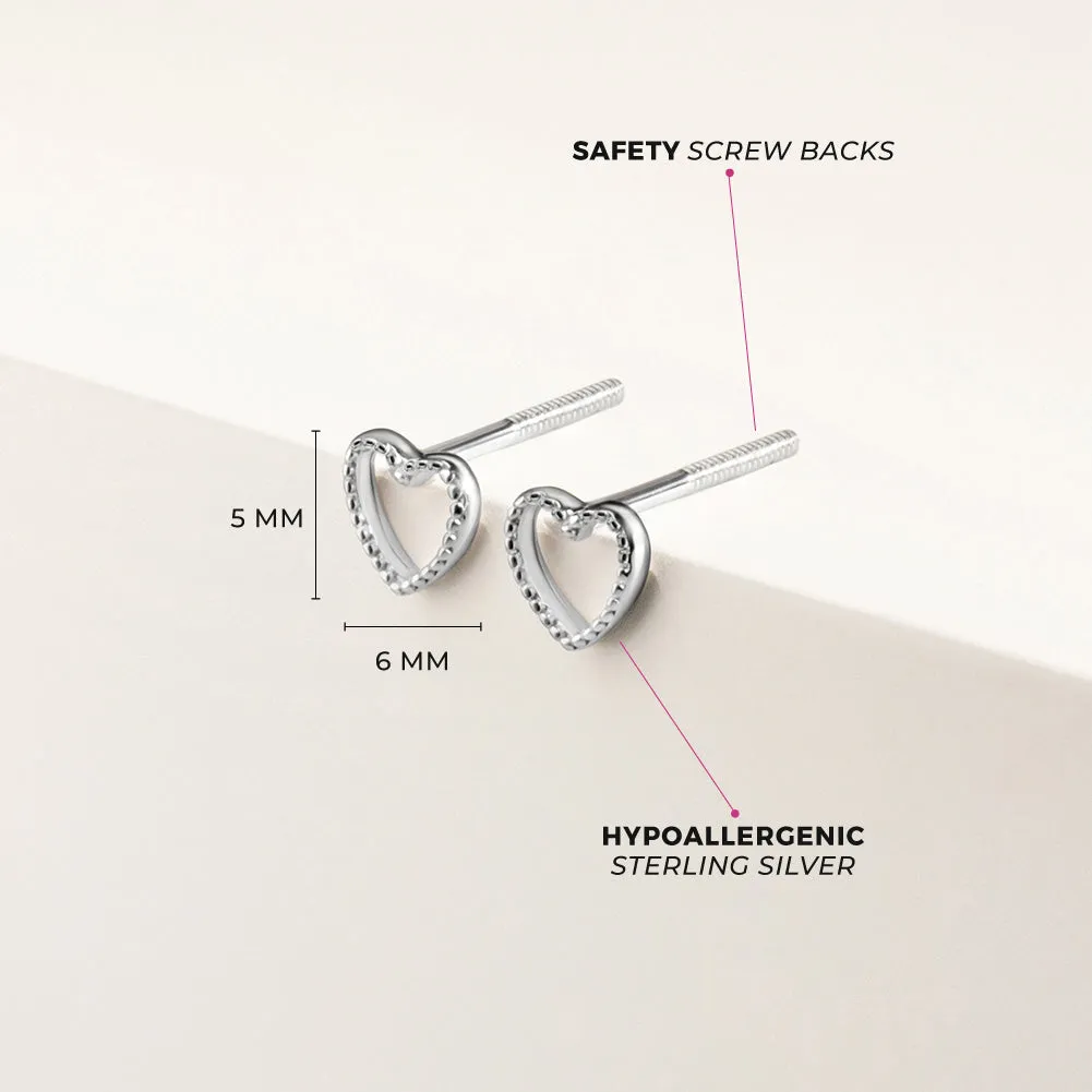 Tiny Open Textured Heart 4mm Baby / Toddler / Kids Earrings Screw Back - Sterling Silver