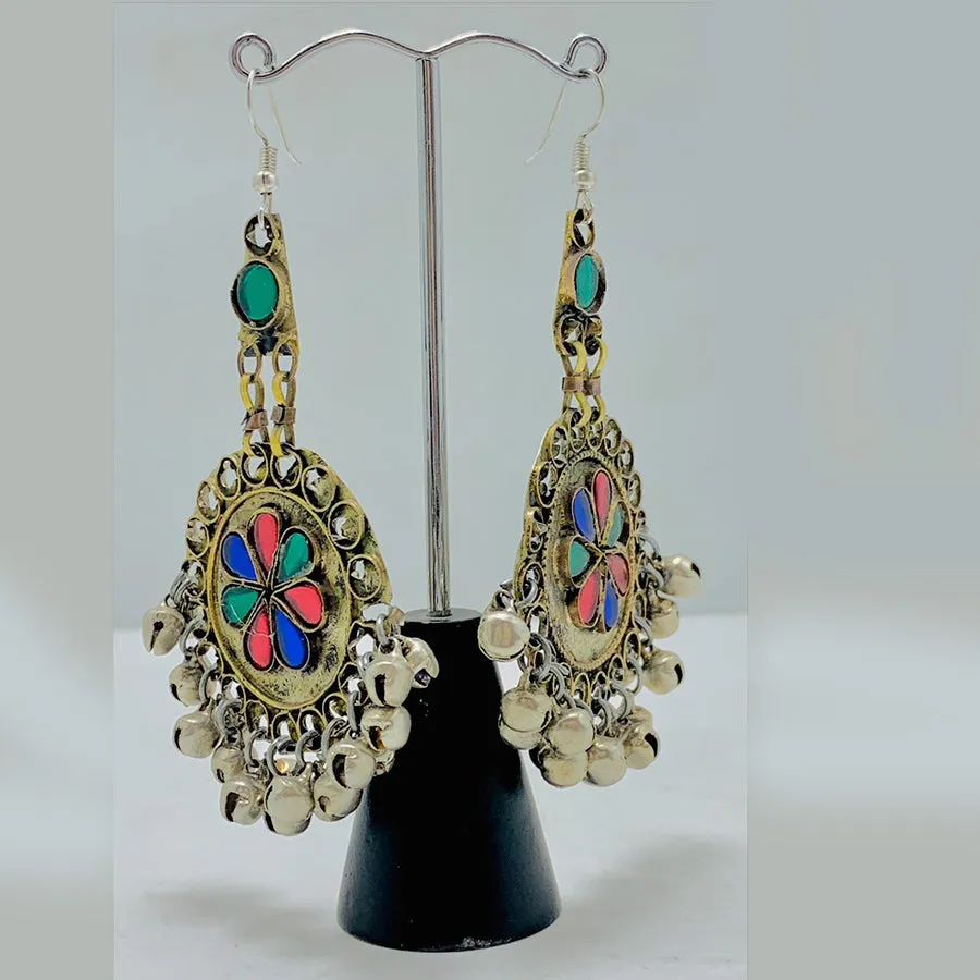 Tribal Earrings With Glass Stones and Bells