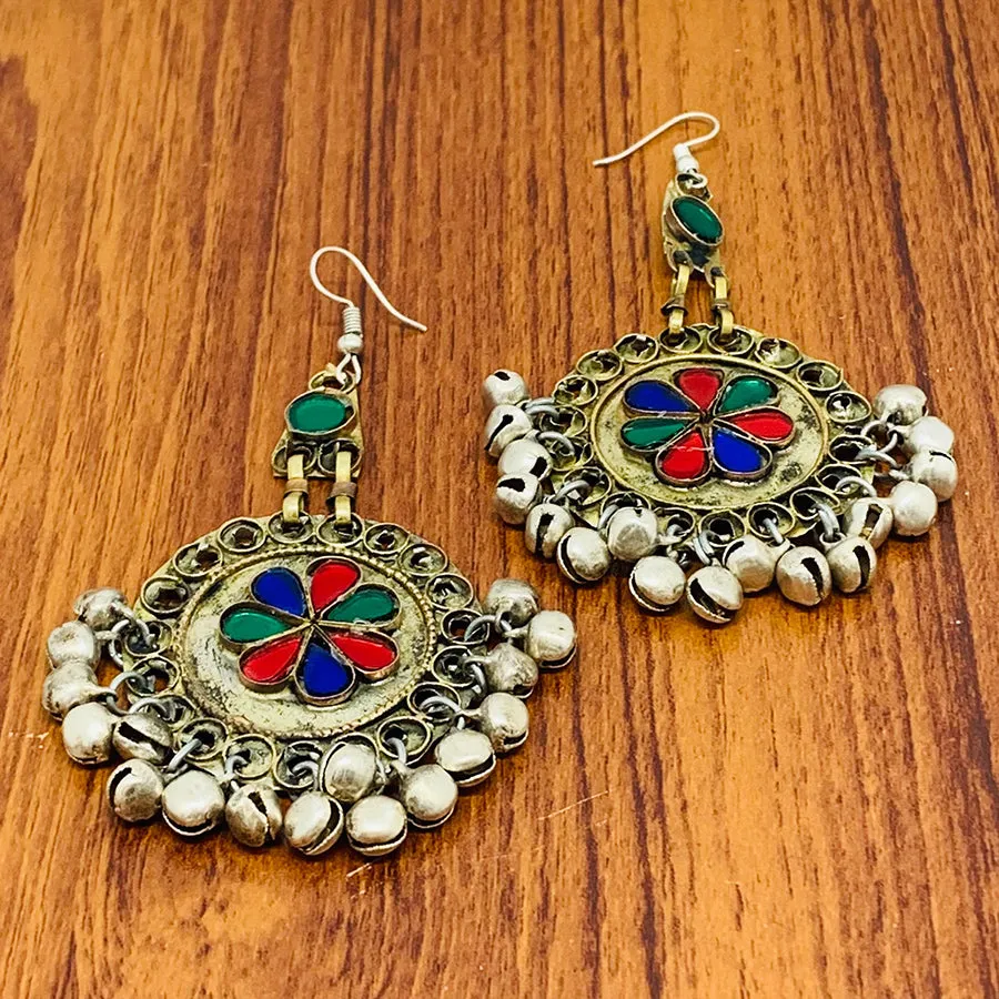 Tribal Earrings With Glass Stones and Bells
