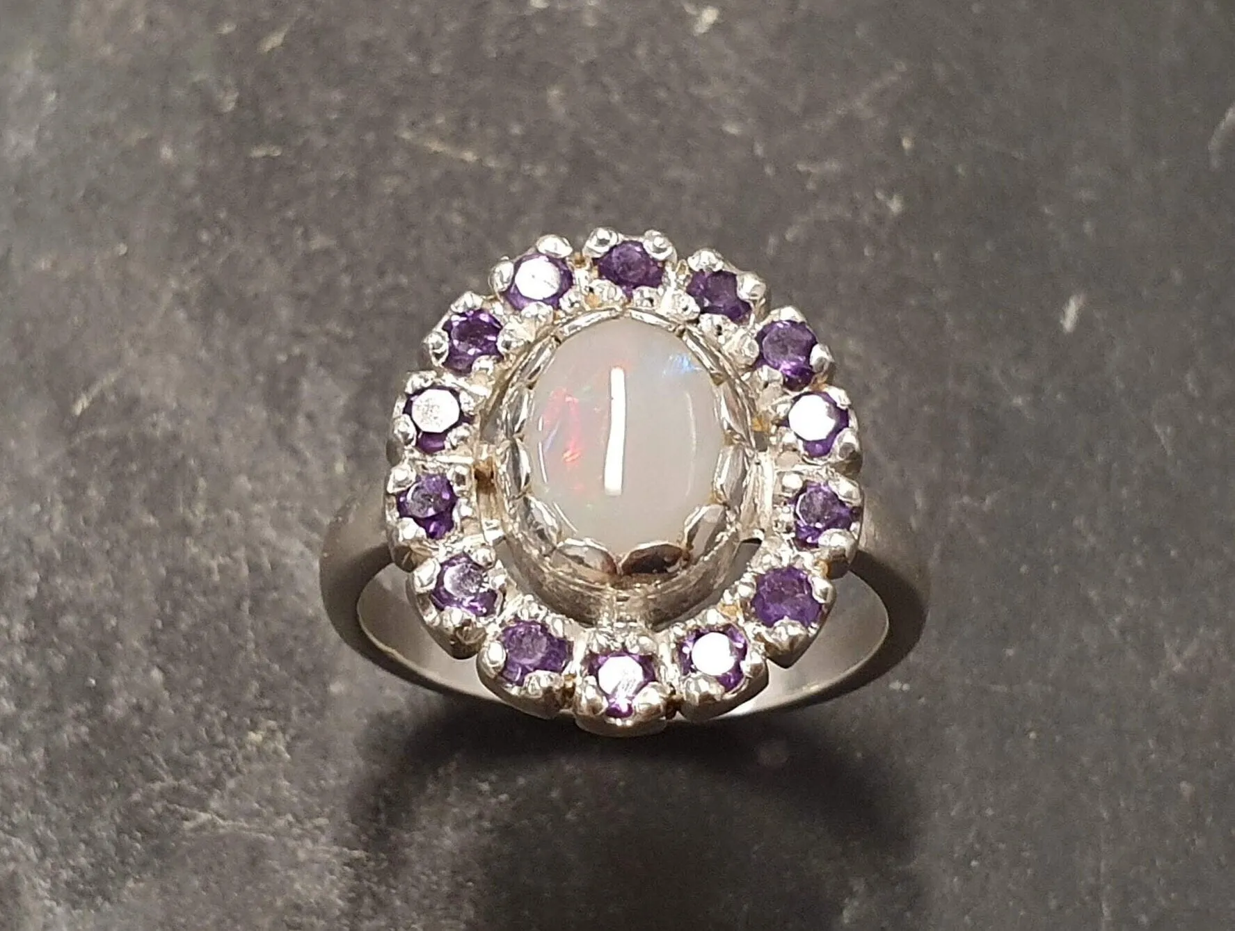 Victorian Opal Ring - Flower Amethyst Ring - Purple Cocktail Ring