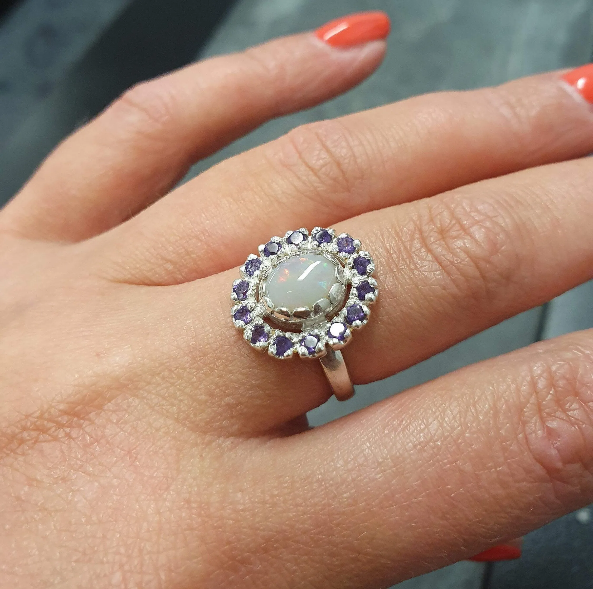 Victorian Opal Ring - Flower Amethyst Ring - Purple Cocktail Ring