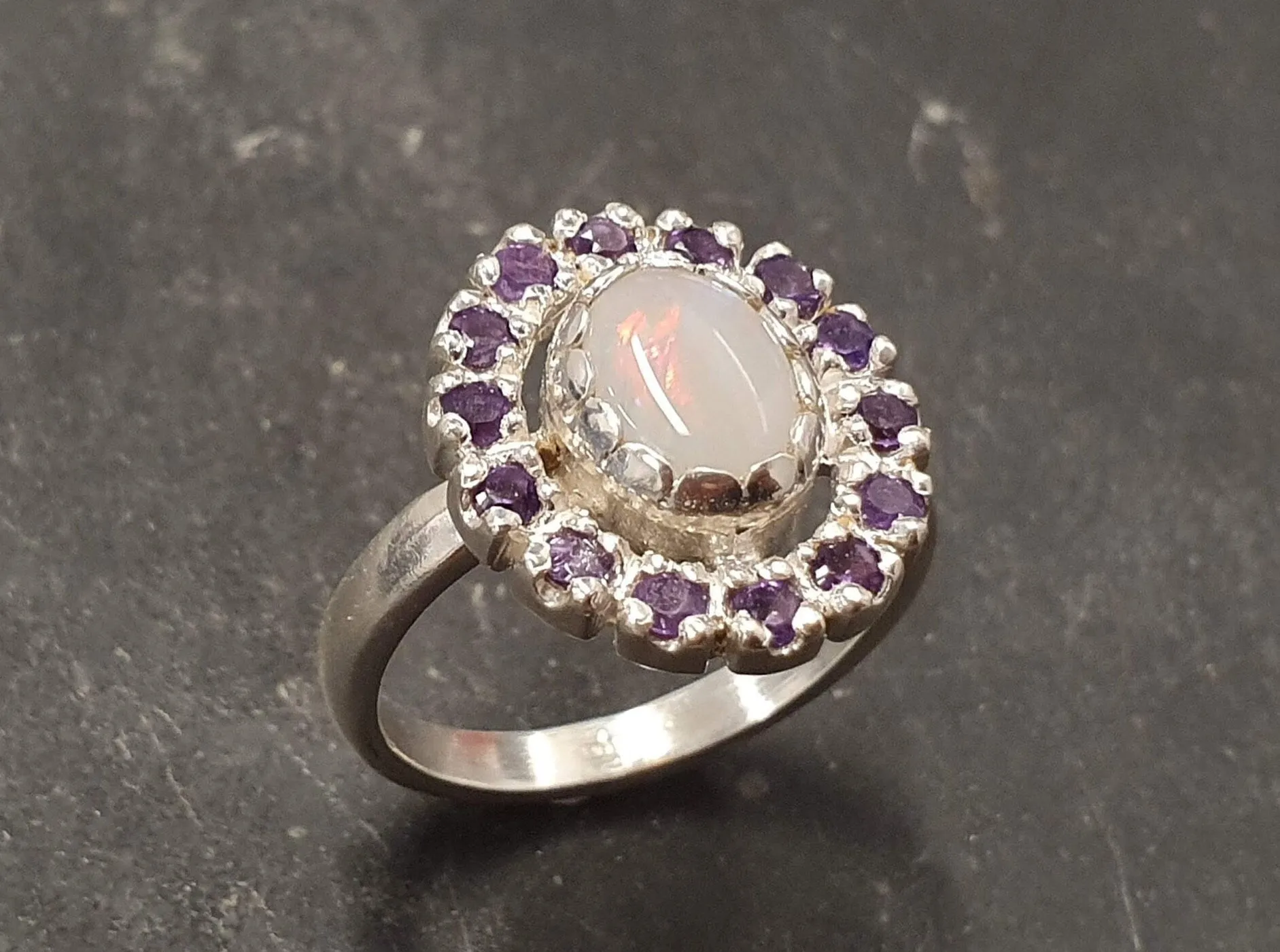 Victorian Opal Ring - Flower Amethyst Ring - Purple Cocktail Ring