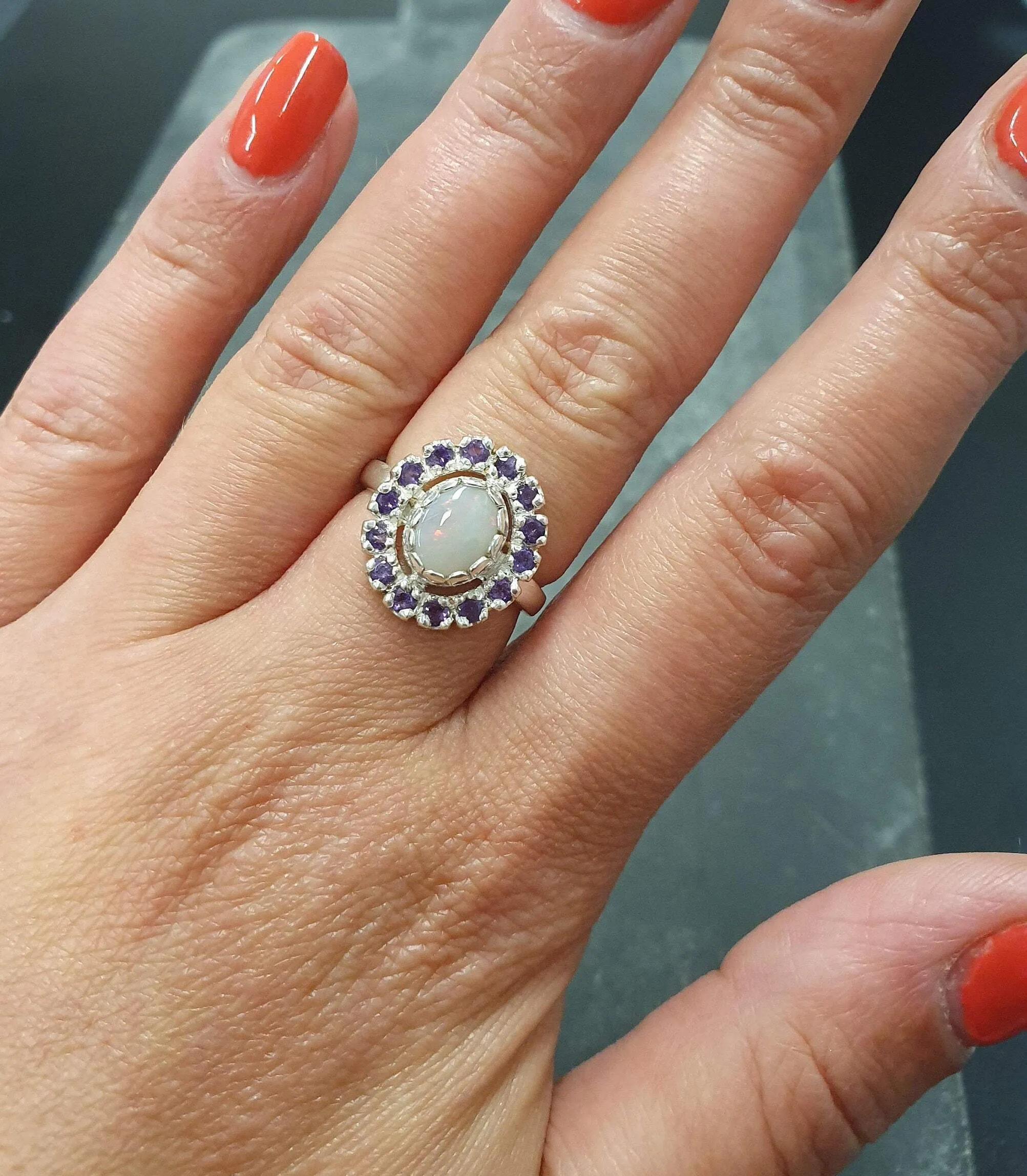 Victorian Opal Ring - Flower Amethyst Ring - Purple Cocktail Ring