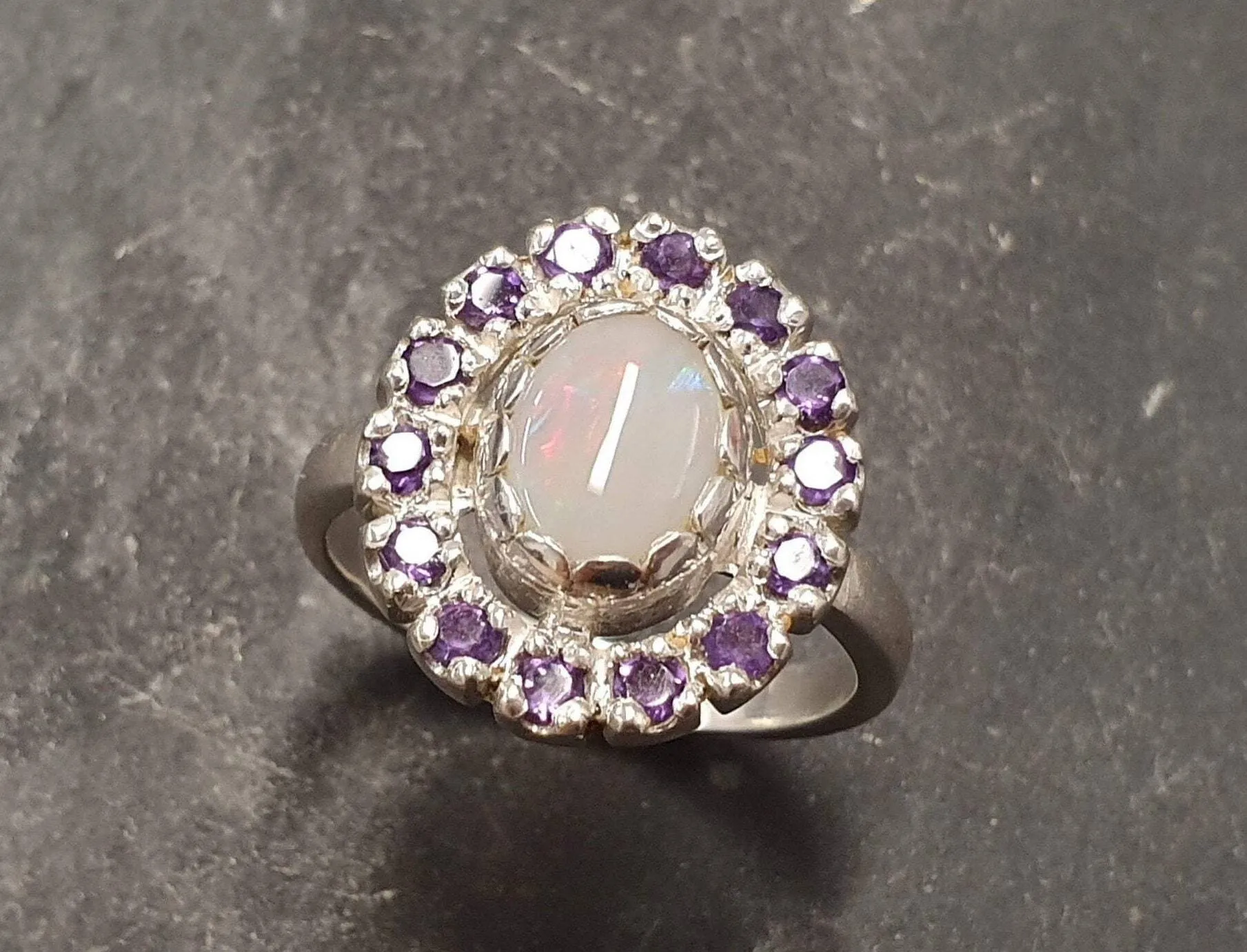 Victorian Opal Ring - Flower Amethyst Ring - Purple Cocktail Ring