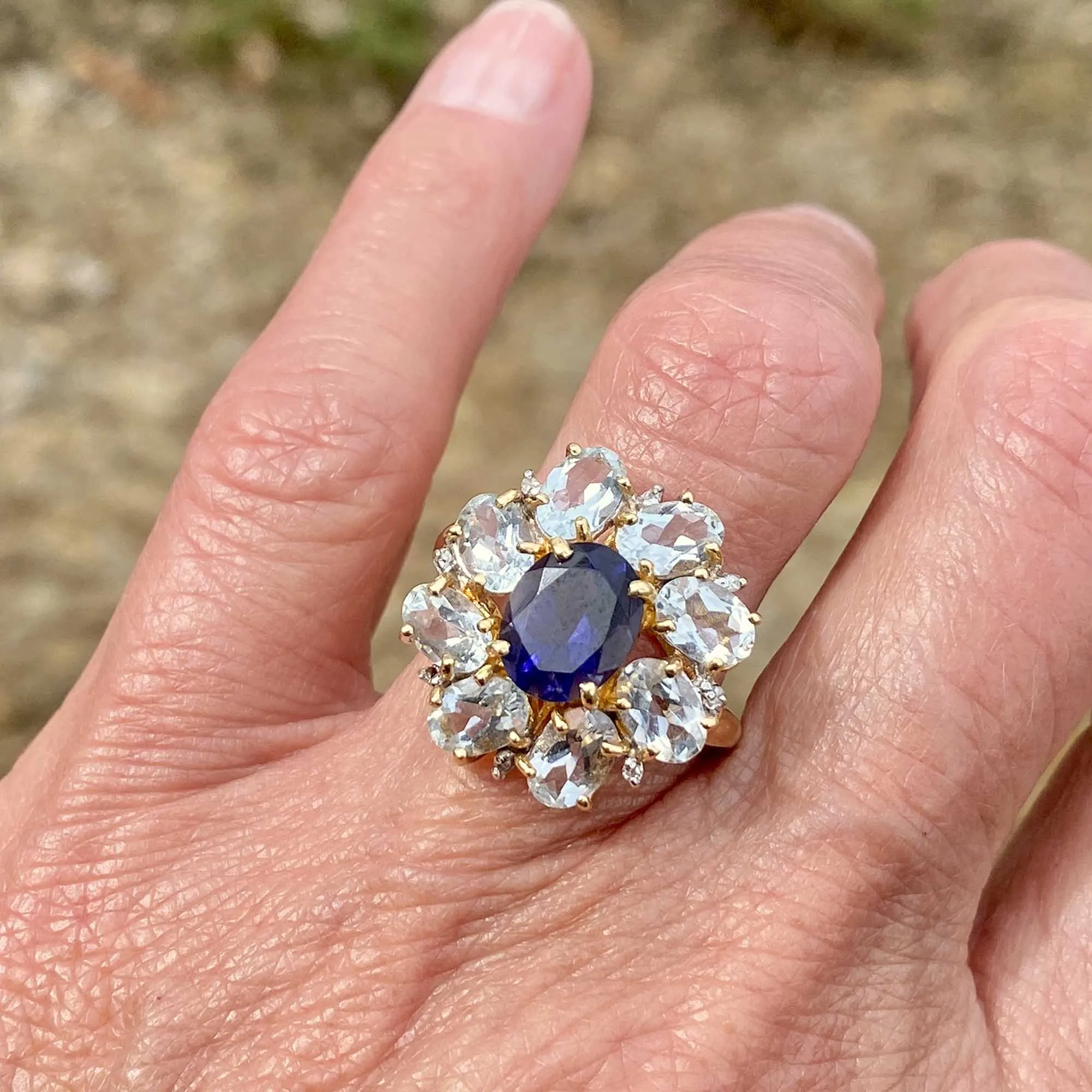 Vintage Floral Aquamarine Tanzanite Statement Ring
