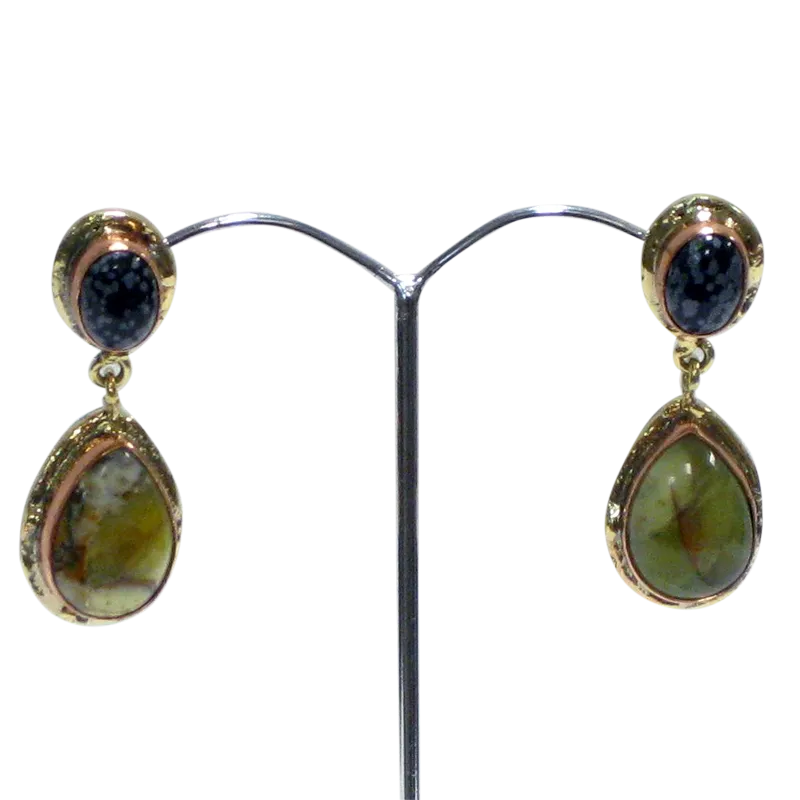 White Metal Green Opal & Snowflake Obsidian Earrings