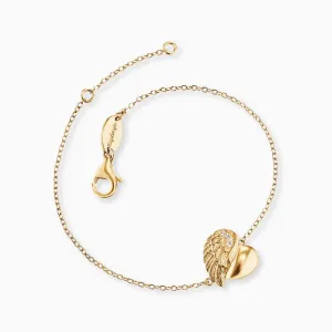 Yellow Gold Sparkling Heart Angel Wing Bracelet